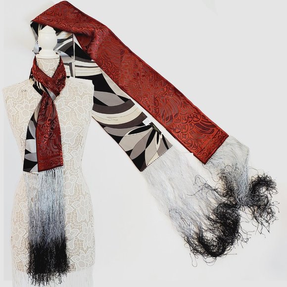 EMILIO PUCCI SCARF LONG FRINGE DUAL MOTIF BURNOUT VELVET ICONIC PRINT SILK